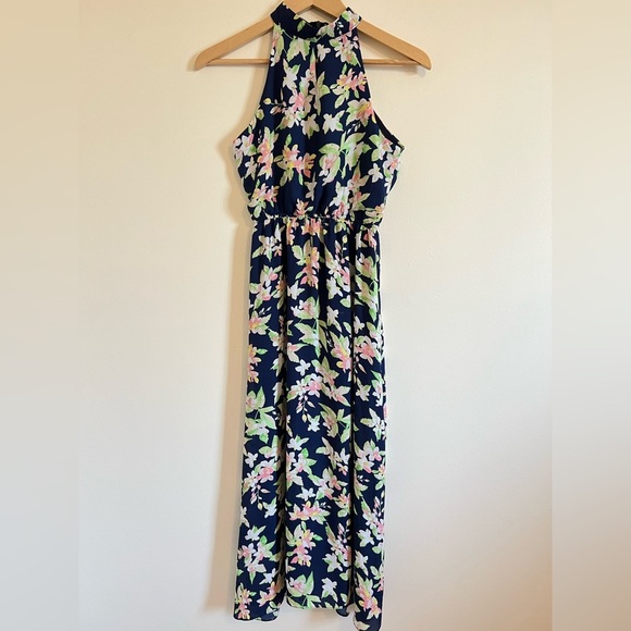 Womens Maxi Dress Floral Blue Blouson  Chiffon Flowy Whimsical Spring Flounce - Picture 1 of 16